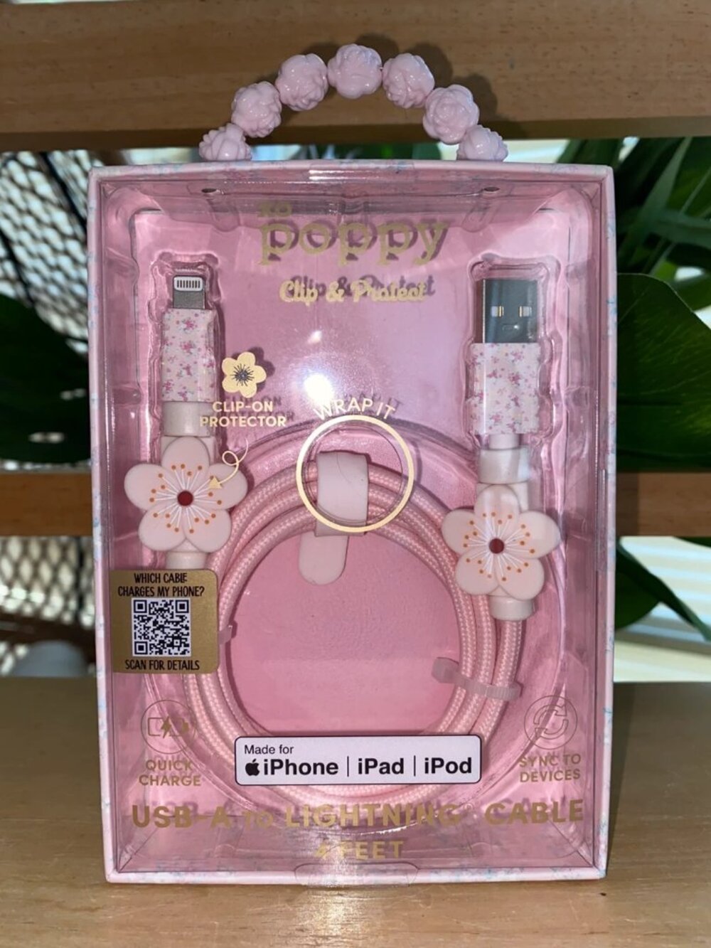 the XO Poppy Pink Flower USB-A to Lightning Cable IPhone Charger
